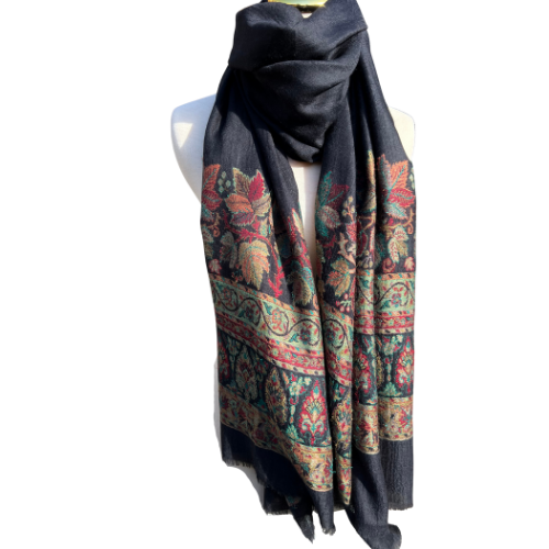 Pure Pashmina Stole (black with jamawar autumn details)