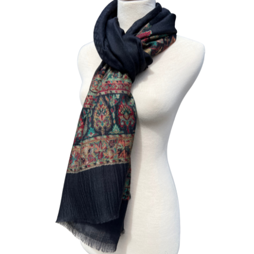 Pure Pashmina Stole (black with jamawar autumn details)